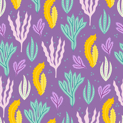 Sea seamless pattern with colorful seaweeds and bubbles