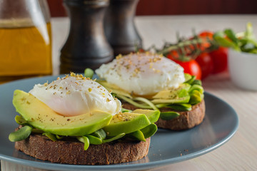 Avocado toast, cherry tomato and poached eggs on wooden background. Breakfast with vegetarian food, healthy diet concept.