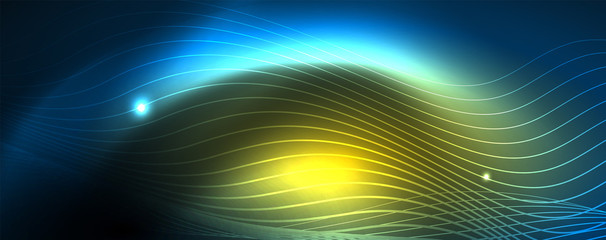 Smooth wave lines on blue neon color light background. Glowing abstract wave on dark, shiny motion, magic space light