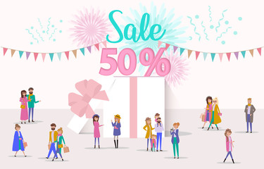 Fototapeta premium Sale poster background. Flat design of group people walking in the shop. Editable vector illustration.