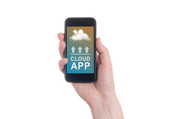 Cloud uploading concept on phone screen. Man hand hold phone with cloud uploading.