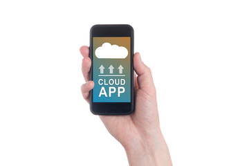 Cloud uploading concept on phone screen. Man hand hold phone with cloud uploading.