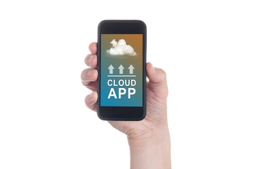 Cloud uploading concept on phone screen. Man hand hold phone with cloud uploading.