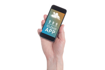 Cloud uploading concept on phone screen. Man hand hold phone with cloud uploading.