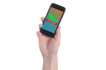 Hand holding black smartphone with text 