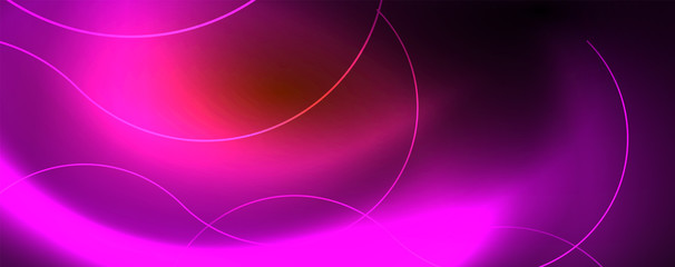 Bright neon circles and wave lines, glowing shiny background design template, digital techno concept.