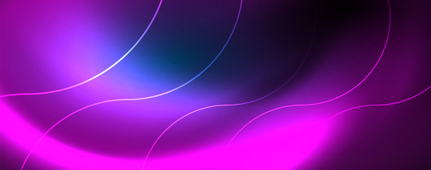 Trendy neon blue abstract design with waves and circles. Neon light glowing effect. Abstract digital background.
