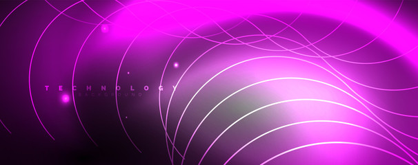 Shiny neon lights, dark abstract background with blurred magic neon light curved lines