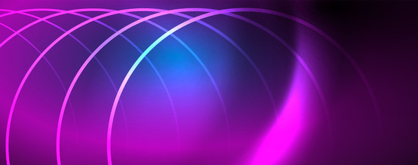 Trendy neon blue abstract design with waves and circles. Neon light glowing effect. Abstract digital background.