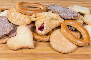 Pile of different sweet bakery products close-up