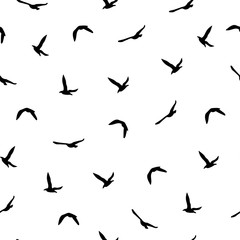 Seamless abstract pattern with black flying birds on white background.
