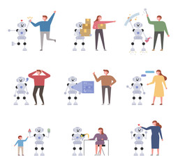 Robots that help people in various fields. flat design style minimal vector illustration