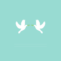 Two white dove with green olive sprig on light turquoise background with lines for text. Peace vector illustration.