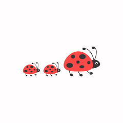 Ladybug family walking. Ladybug with children. Flat summer icon in black and red.