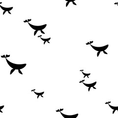 Seamless pattern with black whales on white background. Marine simple texture. Vector illustration.