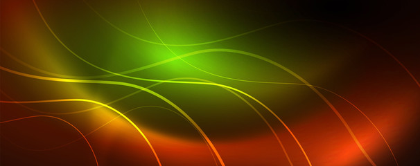 Bright neon circles and wave lines, glowing shiny background design template, digital techno concept.