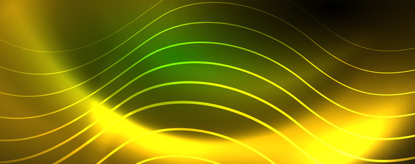 Shiny neon lines template - northern lights glowing blur lines. Futuristic style glow neon 80s disco club or night party techno template