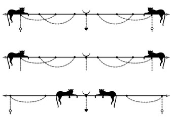 set of vector divider with stylized cat or panther, chain and sign of Mars, Venus and heart in black and white