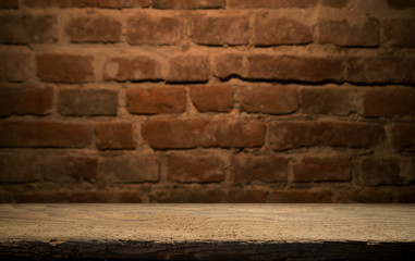 Old wood plank with abstract old brick wall background for product display