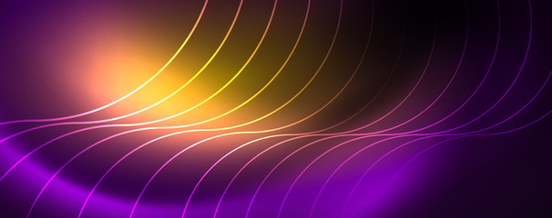 Shiny neon lights, dark abstract background with blurred magic neon light curved lines
