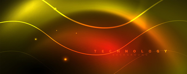 Bright neon circles and wave lines, glowing shiny background design template, digital techno concept.