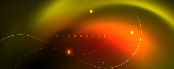 Bright neon circles and wave lines, glowing shiny background design template, digital techno concept.