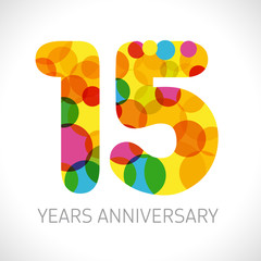 15 th anniversary numbers. 15 years old multicolored logotype. Congrats age greetings, congratulation idea. Isolated abstract graphic design template. Coloured digits up to -15% percent off discount.