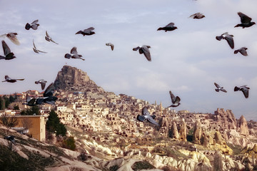 scenic landscape of old town of Cappadocia and flying pigeons in middle east Turkey