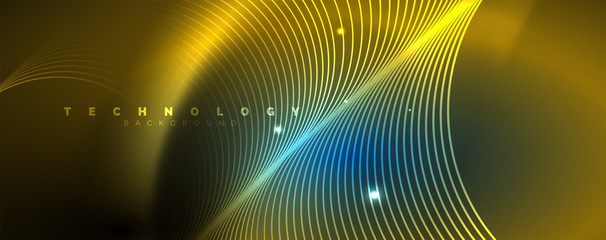 Trendy neon blue abstract design with waves and circles. Neon light glowing effect. Abstract digital background.