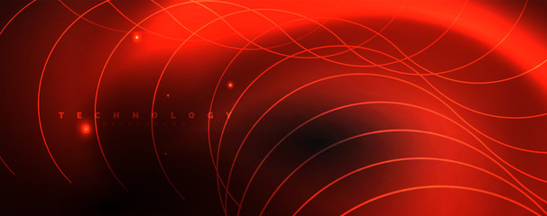 Dark abstract background with bright color neon lights and lines. Glowing background