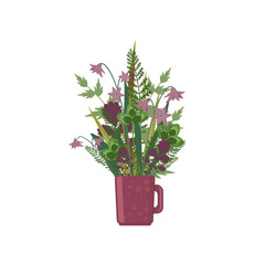 Romantic bouquet with meadow flowers, blades of grass, twigs and sprigs in violet cup. Wildflowers, field