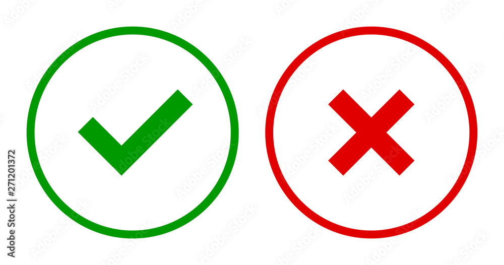 Poster set of round check & x mark line icons, buttons. flat tick & cross symbols on white background.