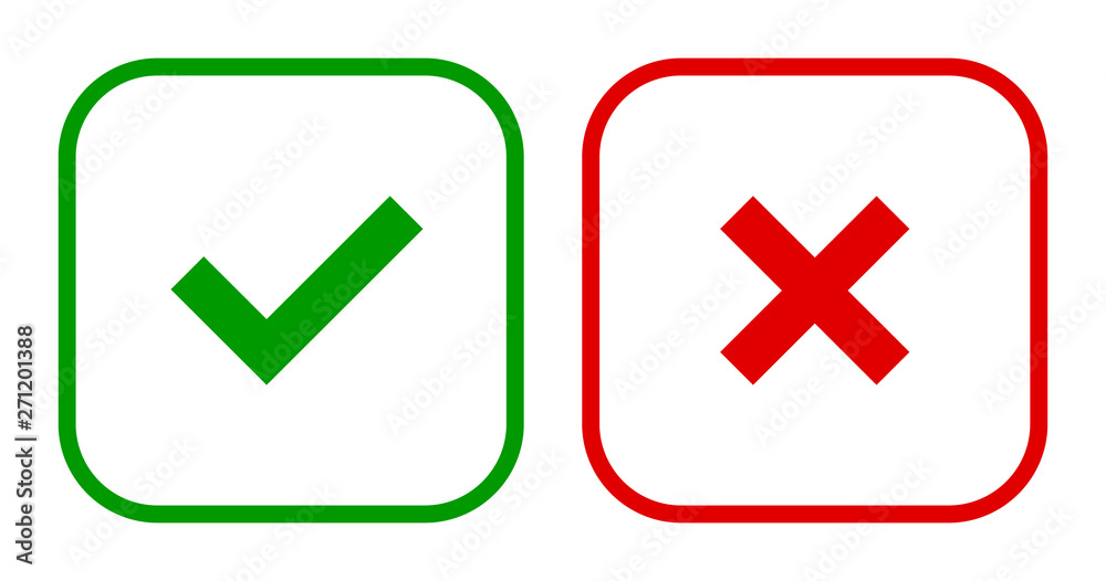Poster set of square check & x mark line icons, buttons. flat tick & cross symbols on white background.