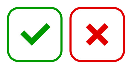 Set of square check & X mark line icons, buttons. Flat tick & cross symbols on white background.