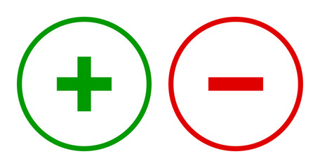 Set of round plus & minus sign line icons, buttons. Flat positive & negative symbols on white background.