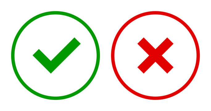 Set of round check & X mark line icons, buttons. Flat tick & cross symbols on white background.