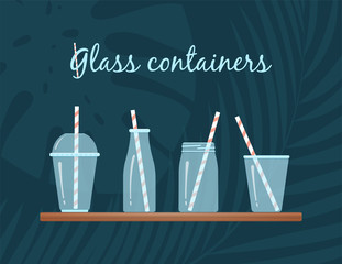 Drinking glasses collection with straw vector illustration. Transparent glass containers with striped straw at wooden bar on tropical background for natural fresh cocktails, smoothies or milkshakes