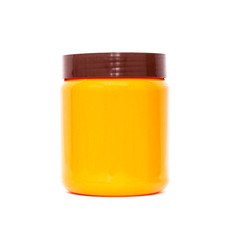 Orange plastic jar with a lid on a white background, isolate, tara