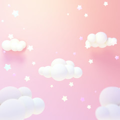 Cartoon pastel pink clouds and yellow stars at night. 3d rendering picture.
