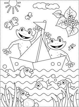 Spring or summer joy themed coloring page with two happy frogs in a boat 