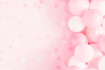 Balloons on pastel pink background. Frame made of white and pink balloons. Birthday, holiday concept. Flat lay, top view, copy space - 271202512