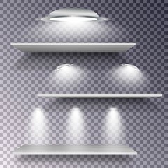 Vector empty wooden shelf with lamps isolated on checkered background
