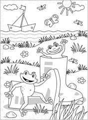 Summer joy themed coloring page with gumboots and happy playful frogs.
