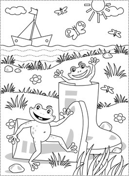 Summer joy themed coloring page with gumboots and happy playful frogs.