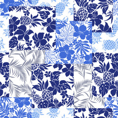 Tropical flower plant patchwork illustration pattern - obrazy, fototapety, plakaty