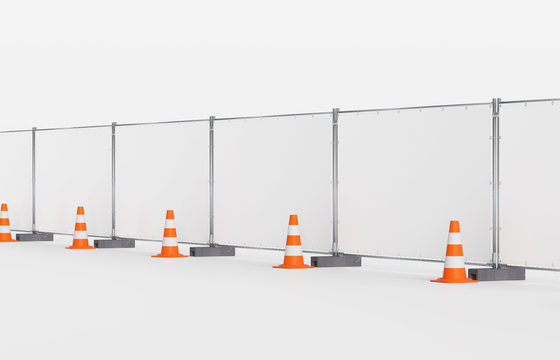 Baustelle Absicherung Mobilzaun Bauzaun - Mehrere Bauzaunfelder nebeneinander - schr&auml;g - mit Banner Plane Bauzaunbanner - Pylone Leitkegel davor