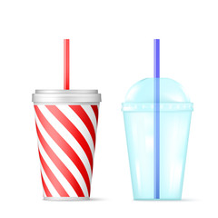 Plastic transparent disposable cup with blue straw for cocktail and red disposable container for ice drink. Vector illustration isolated on white background