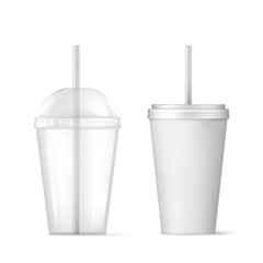 Plastic transparent disposable cup with straw for cocktail and disposable container for ice drink. Vector illustration isolated on white background