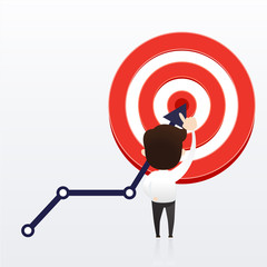 Businessman directs the arrow to the target. Aim in business concept. Businessmen working and woman at big target with arrow. Goals and objectives, business grow and plan. vector, illustration.