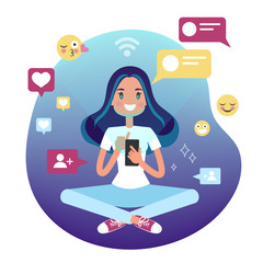 Young woman holding mobile phone and chat